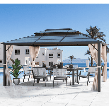 EROMMY 10'x13' Patio Gazebo Double Roof Hardtop Gazebo Canopy  Aluminum Furniture with Netting for Garden,Patio,Lawns,Parties