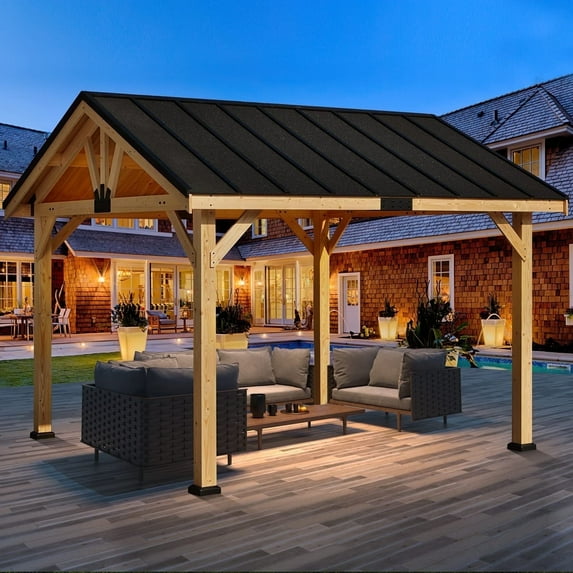 Erommy Hardtop Asphalt Roof Spruce Wood Gazebo 11 x 12 ft