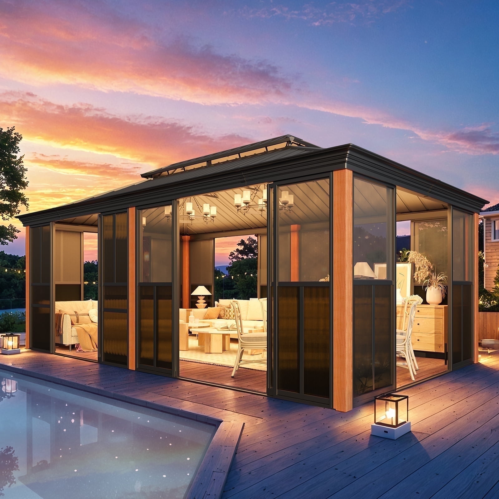 EROMMY 12'x 20' Sunroom, with Front Door, Side Entrance, Galvanized Steel  Double Top, Wood Grain Appearance, Aluminum Alloy Frame, Solarium Backyard  Sun Room - Walmart.com, image size:1600x1600