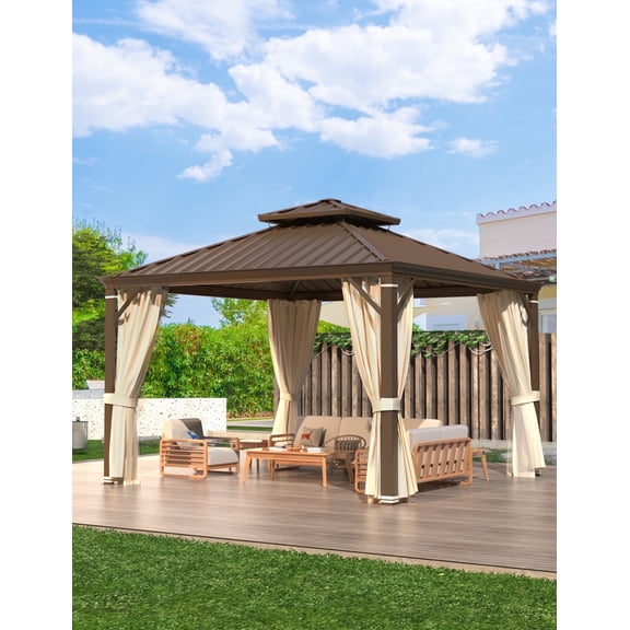 EROMMY 12' x 12' Gazebo, Galvanized Steel Double Roof Hardtop Gazebo with Aluminum Frame, Permanent Outdoor Metal Pavilion with Curtain and Netting for Patio, Lawn and Garden