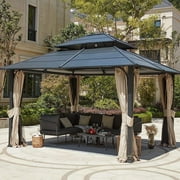 EROMMY 12 X 14 Hardtop Gazebo, Permanent Aluminum Patio Gazebo with Privacy Curtain and Mosquito Net, Double Roof Canopy Gazebo for Outdoor, Patio, Lawn Wedding, Garden