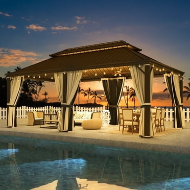 Erommy 12' x 20' Gazebo, Galvanized Steel Double Roof Hardtop Gazebo with Aluminum Frame, Permanent Outdoor Metal Pavilion with Curtain and Netting for Patio, Lawn and Garden