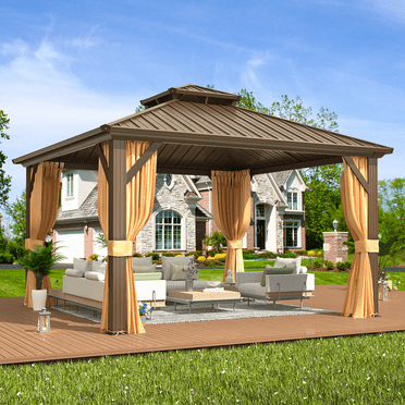 EROMMY 12' x 12' Hardtop Gazebo, Galvanized Steel Double Roof Gazebo with Aluminum Frame, Permanent Outdoor Metal Pavilion with Curtain and Netting for Patio, Lawn and Garden