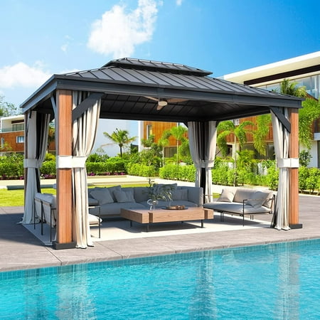 EROMMY 12'x16' Wooden Grain Aluminum Frame Gazebo with Galvanized Steel Hardtop Roof, Outdoor Permanent Pavilion with Curtains and Nettings for Patio, Backyard, Deck