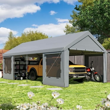 Erommy 12'x 24' Heavy Duty Portable Outdoor Garage Carport with Roll-up Windows, Side Doors and Removable Sidewalls for Car, Outer Gray and Inner White