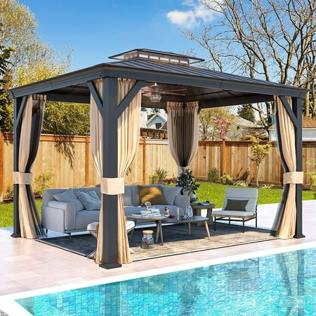 EROMMY 12'x10' Hardtop Gazebo, Outdoor Gazebo Canopy, Acrylic & Galvanized Steel Roof, Aluminum Frame with Curtains and Netting, Sunshade for Garden, Patio, Lawns