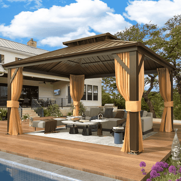 EROMMY 12'x14' Gazebo Hardtop, Galvanized Steel Double Roof Metal Gazebo with Aluminum Frame, Permanent Outdoor Pavilion with Curtain and Netting for Patio, Lawn and Garden