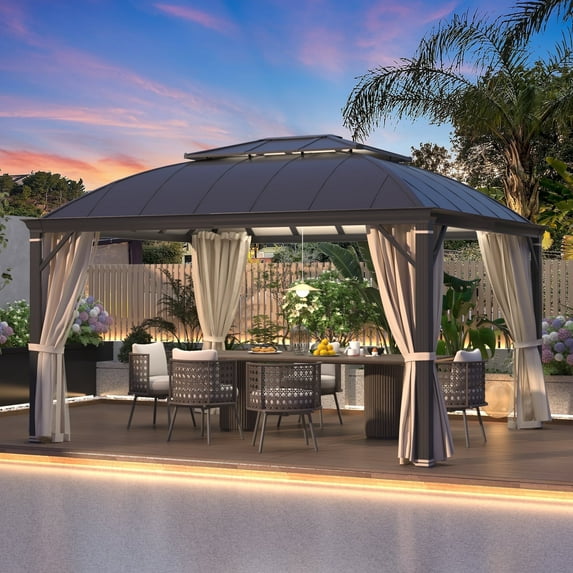 EROMMY 12'x14' Hardtop Gazebo, Permanent Outdoor Aluminum Patio Gazebo with Aluminum Composite Double Roof for Patio Lawn and Garden, Curtains and Netting Included