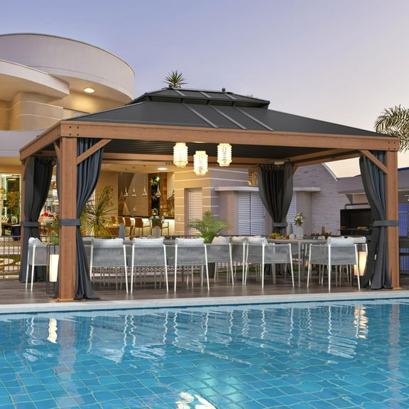 EROMMY 12'x16' Hardtop Gazebo Metal Gazebo with Wood Grain Aluminum Frame, Galvanized Steel Double Roof with Netting and Curtains for Backyard, Patio, Lawns