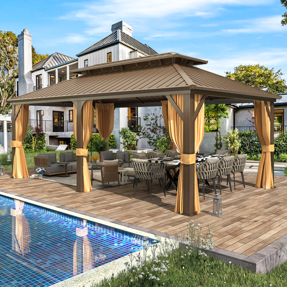 EROMMY 12'x20' Gazebo Hardtop, Galvanized Steel Double Roof Metal Gazebo with Aluminum Frame, Permanent Outdoor Pavilion with Curtain and Netting for Patio, Lawn and Garden