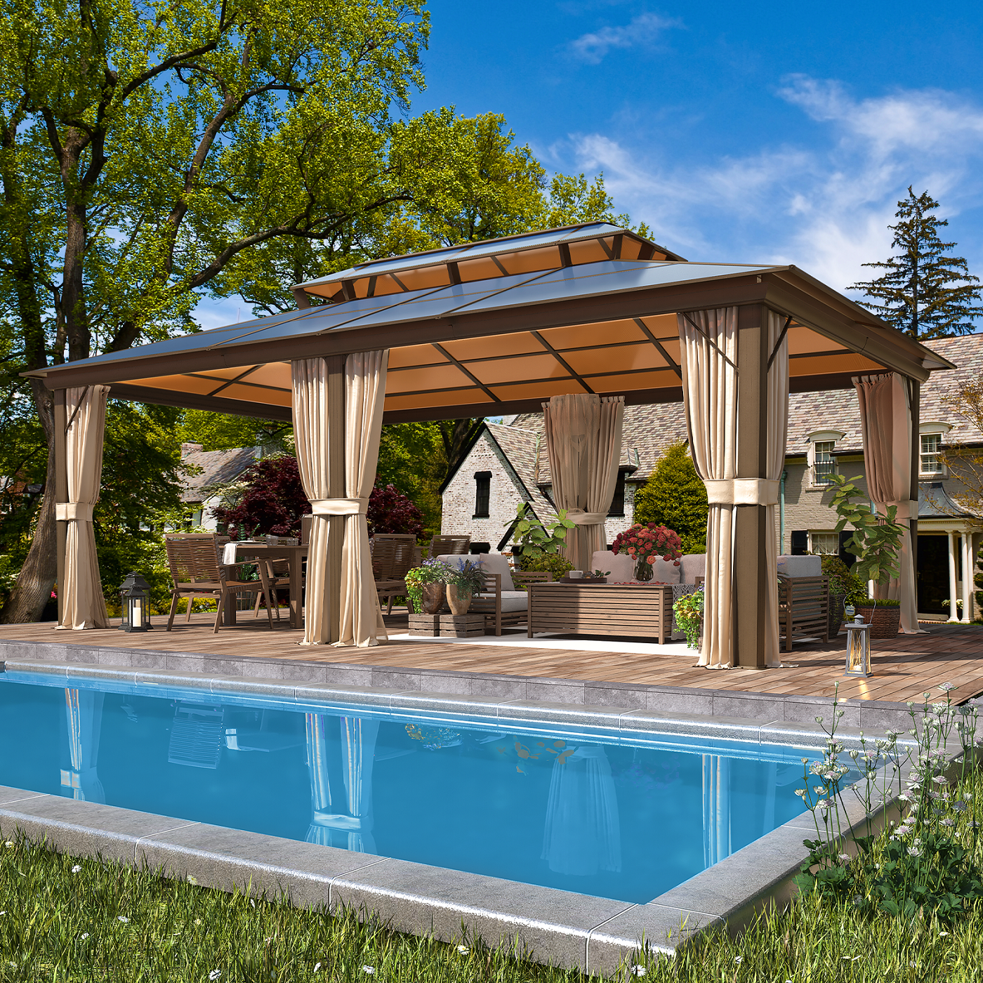 EROMMY 12'x20' Gazebo Polycarbonate Double Roof Canopy with Aluminum Frame, Outdoor Permanent Metal Pavilion with Netting and Curtains for Garden Patio Lawns