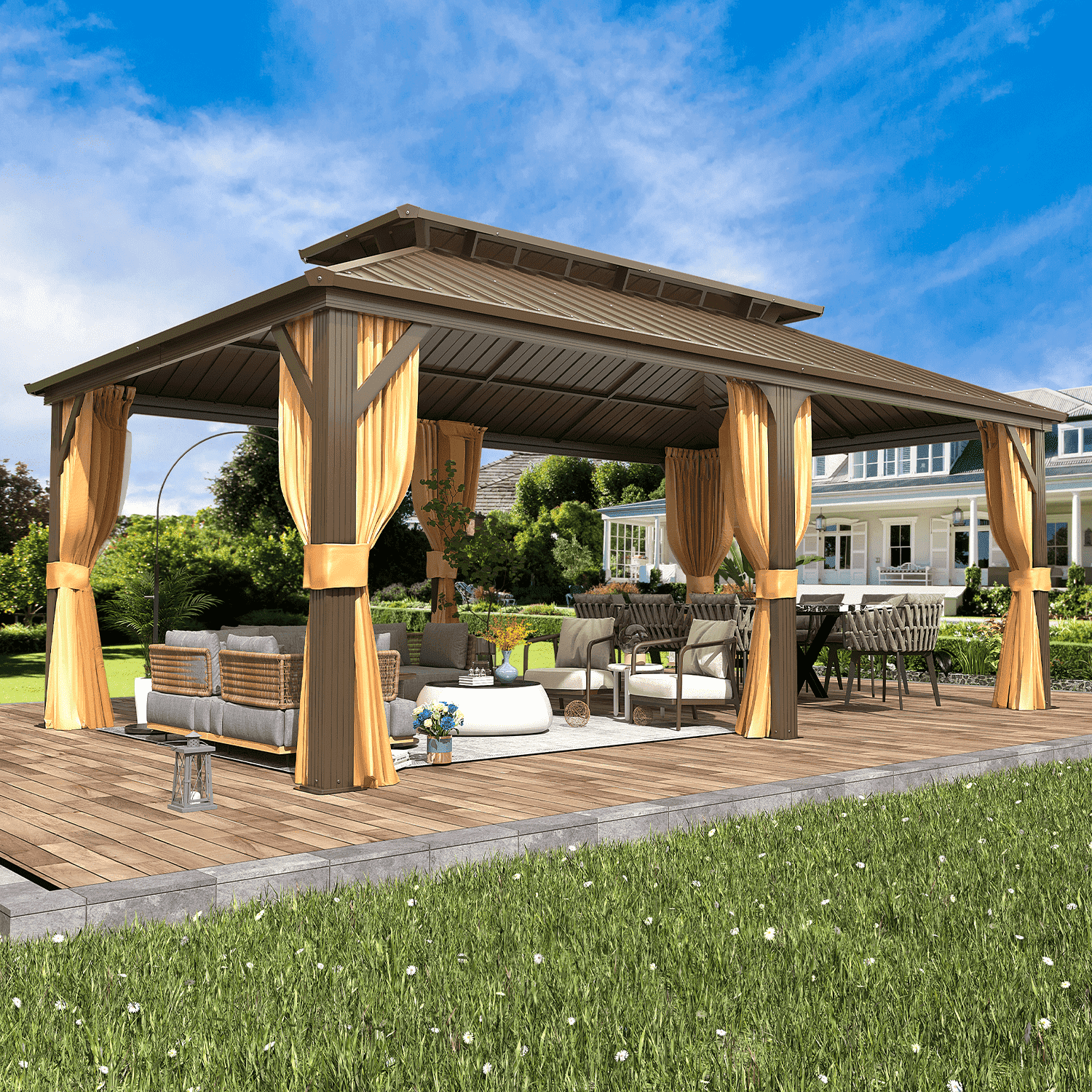 Erommy 12' x 20' Galvanized Steel Roof Gazebo with Curtains and Nettings