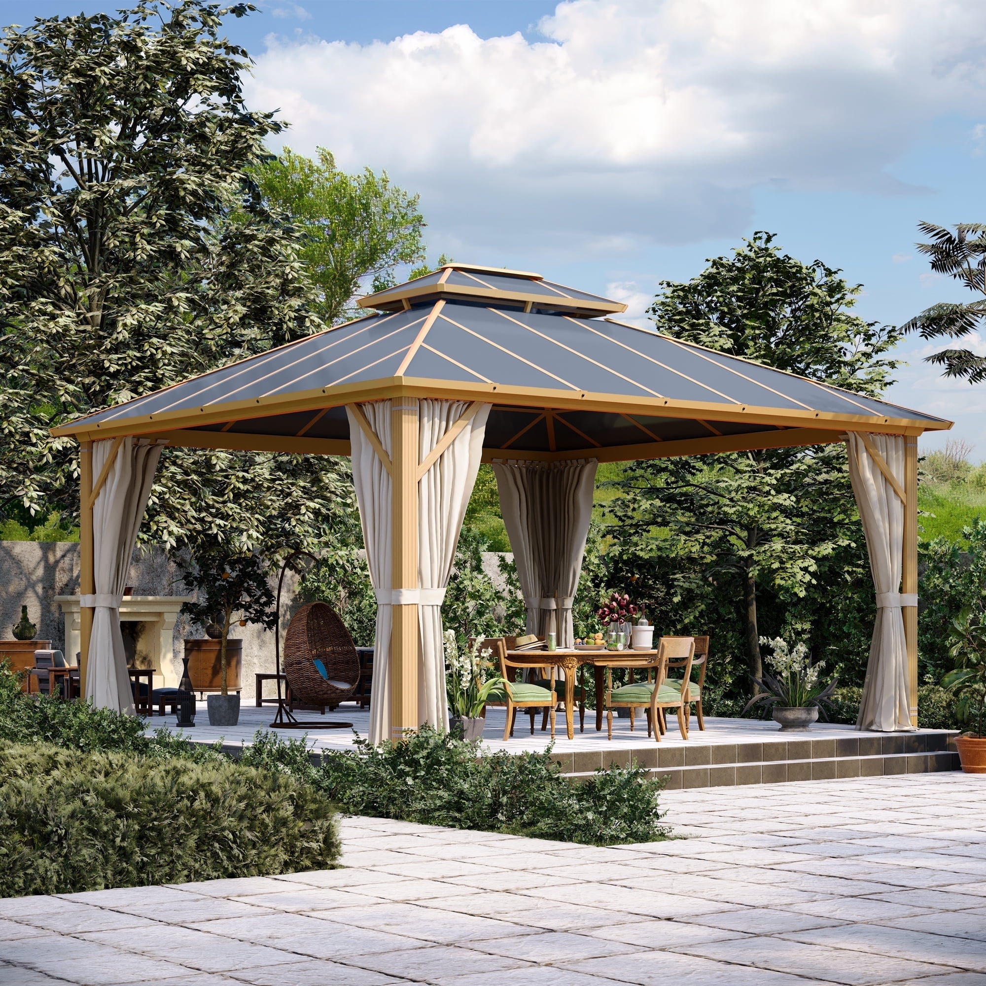12x14ft Faux Wood Aluminum Hardtop Gazebo with Curtains