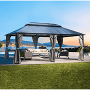 EROMMY 12x20FT Hardtop Gazebo, Permanent Outdoor Aluminum Patio Gazebo with Double Roof, Curtains and Netting Included