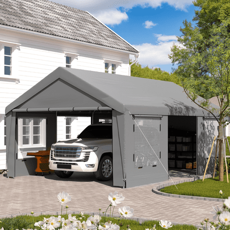 Erommy 13' x 20' Heavy Duty Portable Outdoor Garage Carport with Roll-up Windows, Side Doors and Removable Sidewalls for Car, Gray