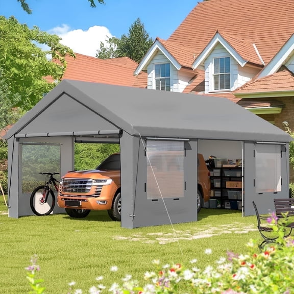 Erommy 13' x 20' Heavy Duty Portable Outdoor Garage Carport with Roll-up Windows, Side Doors and Removable Sidewalls for Car,Outer Gray and Inner White