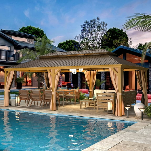 EROMMY 14' X 24' Hardtop Gazebo, Galvanized Steel Metal Double Roof Aluminum Gazebos with Curtain and Netting