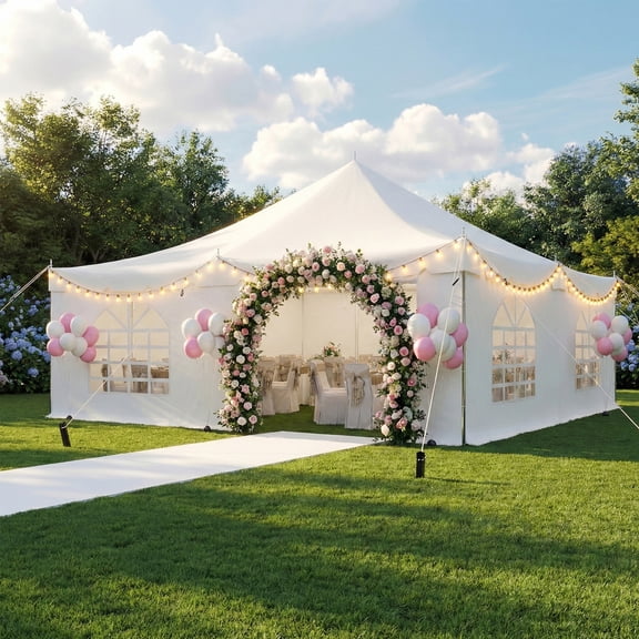 Erommy 20x20ft Pole Party Tent, Heavy Duty Large Outdoor Canopy Tent for Parties, Events, Weddings, White