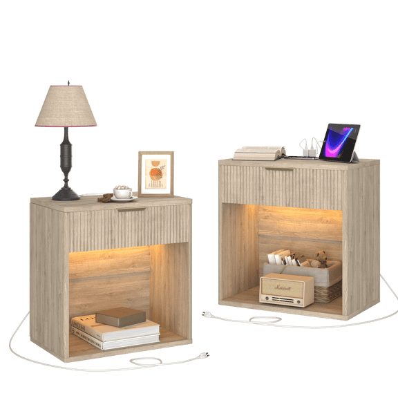 EROMMY 23" Fluted Nightstand wtih Drawer & Charging, Mid-Century Oak Bedside Table, Set of 2