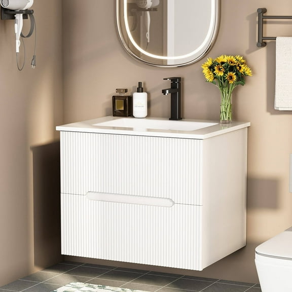 EROMMY 24" Floating Bathroom Vanity Set, Wall Mounted Bathroom Cabinet with Ceramic Sink, 2 Fluted Drawers & Hidden Handles