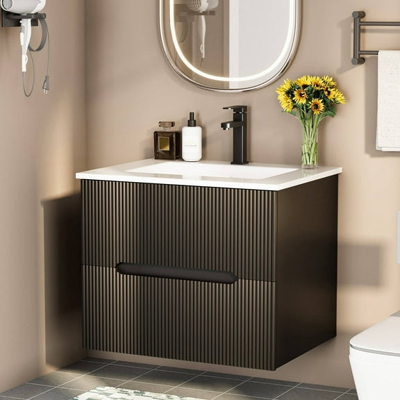 EROMMY 24" Floating Bathroom Vanity Set, Wall Mounted Bathroom Cabinet with Ceramic Sink, 2 Fluted Drawers & Hidden Handles