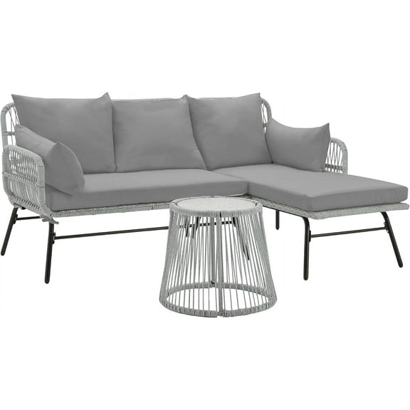 EROMMY 3 Piece Boho Patio Conversation Sets, L-Shaped Sectional Patio Furniture Sofa Set with Thick Cushions and Toughened Glass Coffee Table for Backyard Balcony Garden Porch, Gray