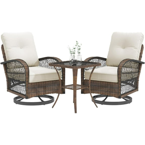 EROMMY 3 Pieces Patio Furniture Set, Outdoor Swivel Rocker Patio Chairs, Wicker Patio Bistro Set with Rocking Chair, Thickened Cushions and Glass Coffee Table for Backyard, Garden, Beige