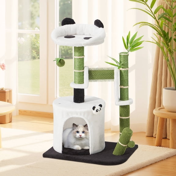 EROMMY 30.7" Panda Cat Tree Tower with Self Groomer, Scratching Post, Cat Condo and Hang Ball, Bamboo Leaf Shape Design