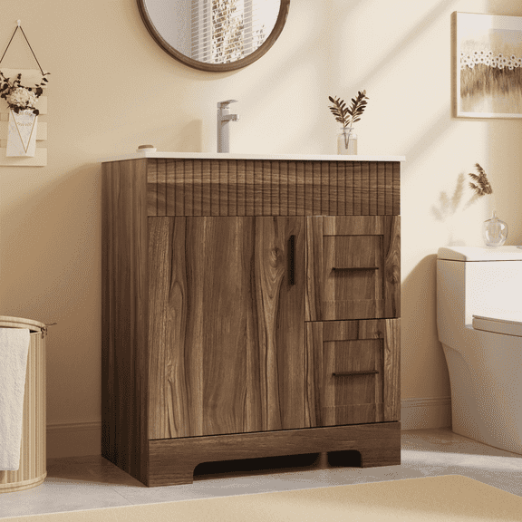 EROMMY 30 Inch Bathroom Vanity with Ceramic Sink, Wooden Bathroom Sink Vanity with a Door & 2 Drawers, Freestanding Bathroom Sink Cabinet (Walnut)