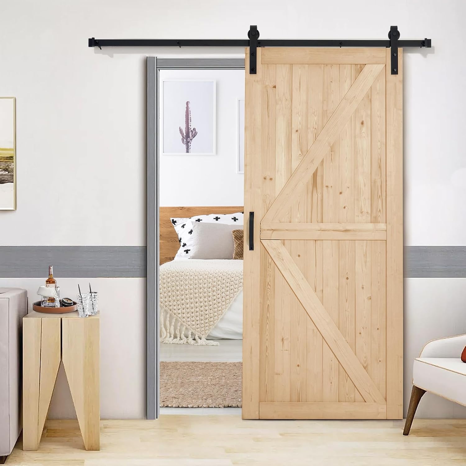 EROMMY 36" x 84" Spruce Sliding Barn Door Including 6.6FT Sliding Door Hardware Kit and Handle, Apply to Interior Rooms & Storage Closet, Assembly Required, DIY, Stainable, Natural