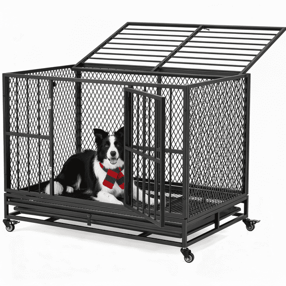 EROMMY 37" Heavy Duty Dog Crate Indestructible Steel Kennel with Wheels & High Anxiety Safety Lock
