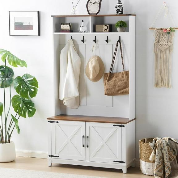 EROMMY 38" Farmhouse Hall Tree with Bench and Shoe Storage, Entryway Bench with Coat Rack, 2 Open Compartments, 5 Coat Hooks, Barn Door & Adjustable Shelf, Rustic White and Brown