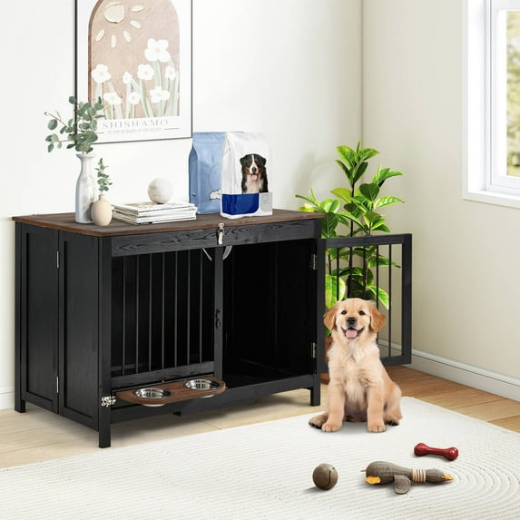 EROMMY 39.4" Wood Dog Crate, Foldable Kennel with 360° Bowls for Small-Medium Dogs, Black