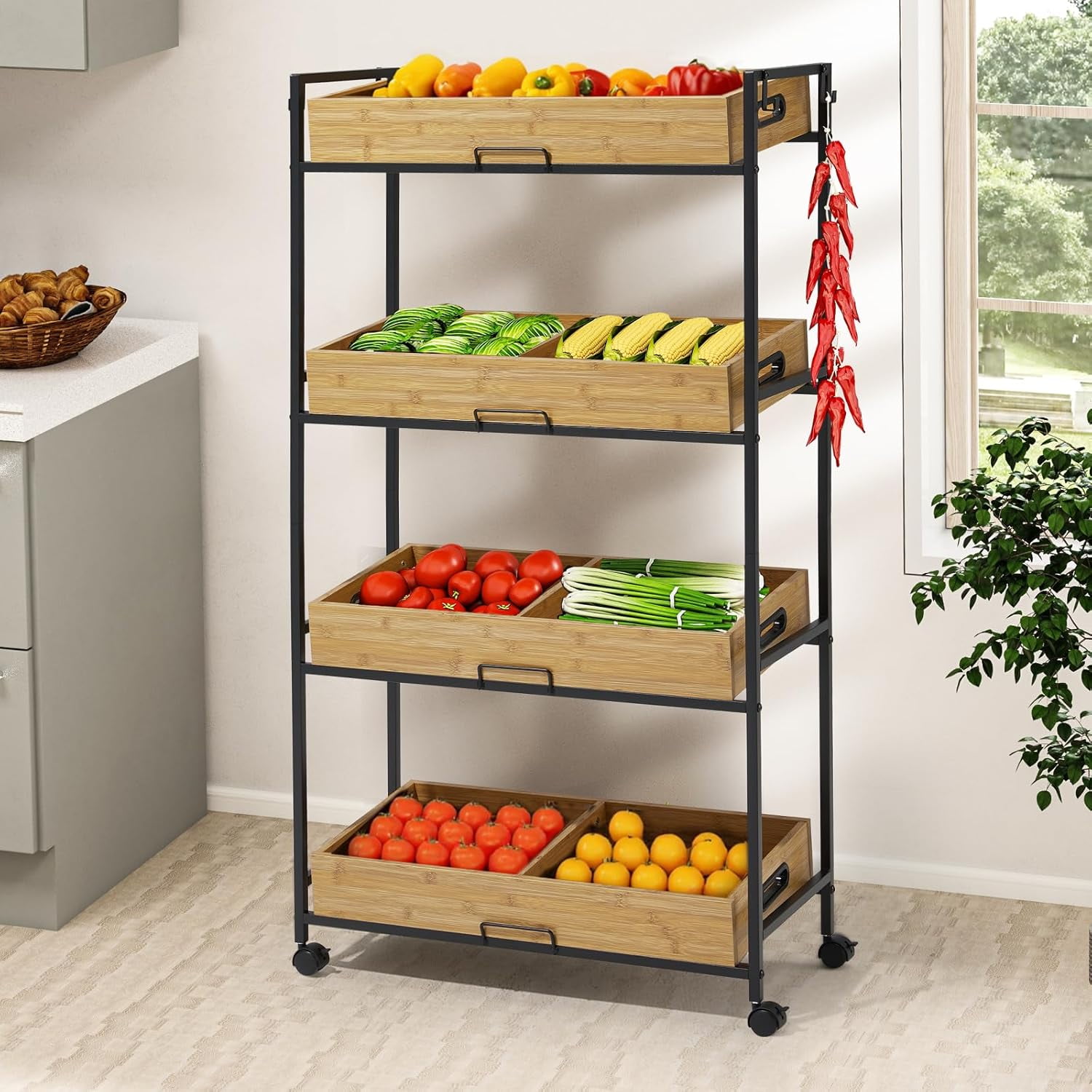 EROMMY 4-Tier Wood Fruit and Vegetable Storage Basket Stand Rack ...