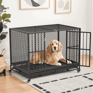 EROMMY 42" Heavy Duty Folding Dog Crate Kennel, Metal Dog Cage with Lockable Wheels, Dual Locks, Removable Tray,for Medium Large Dogs