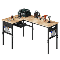 EROMMY 47"/94" Heavy-Duty Adjustable Workbench, 5000 LBS Load Capacity L-Shaped Work Bench with Power Strip and Pegboard, Rubber Wood Work Table for Workshop, Office, Home