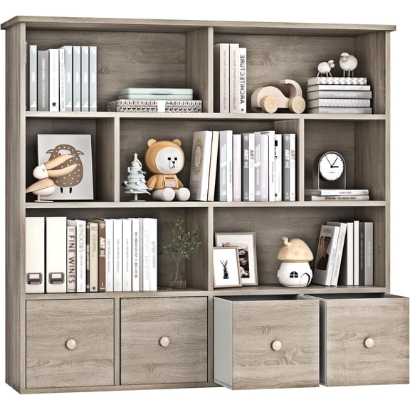 EROMMY 47" H Toy Storage Organizer and Bookcase, Toy Storage with 7 Storage Cubbies & 4 Foldable Drawers, Book Shelf with Anti-tip Design, Modern Furniture for Playroom, Bedroom, Natural