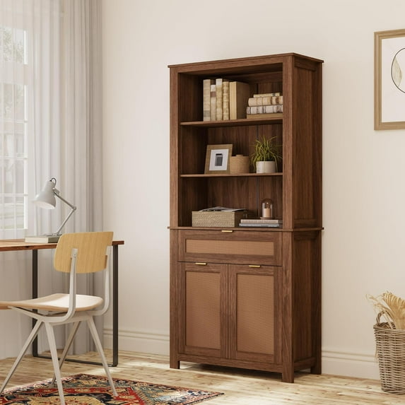 EROMMY 5 Tier 71" Tall Rattan Bookcase, Wooden Bookshelf with Storage Shelves and Cabinet, Walnut