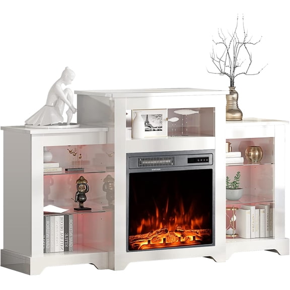 EROMMY 55'' Fireplace TV Stand with 18'' Electric Fireplace Insert, LED Light Entertainment Center with Adjustable Glass Shelves, TV Console for TVs up to 65'' for Living Room, Bedroom, Office