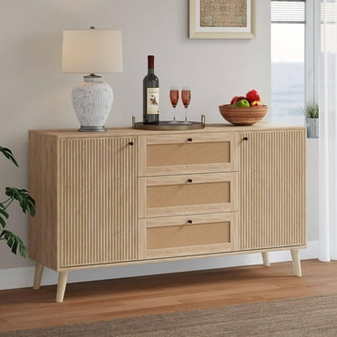 EROMMY 55" Rattan Sideboard Buffet Cabinet, Accent Storage Cabinet with 3 Rattan Drawers & 2 Fluted Doors, Mid Century TV Consoles for Living Room, Kitchen, Dining Room, Entryway, Natural