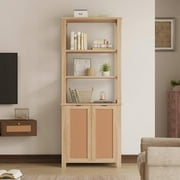 Erommy 6 Tier Rattan Bookcase, Bookshelf, Doors Storage Cabinet, for Living Room, Bedroom, Office, Light Oak