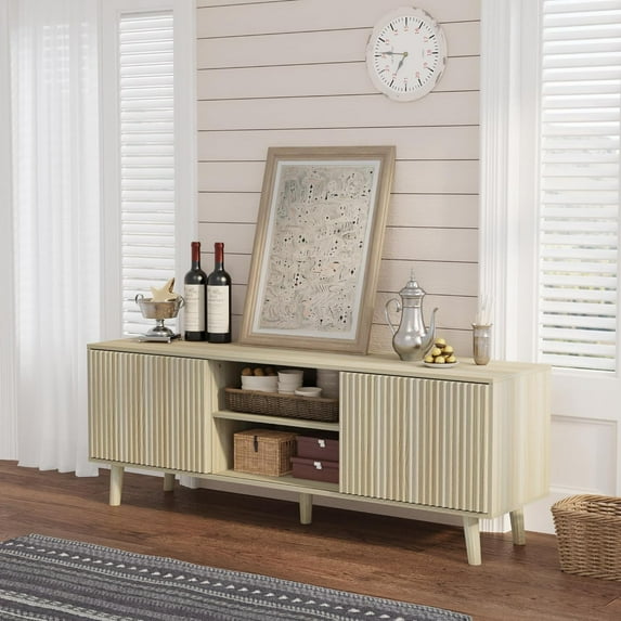 EROMMY 63'' Fluted TV Stand for 70 Inch TV, Modern Entertainment Center with Sliding Doors & Storage Cabinet, Mid Century Media TV Console for Living Room, Oak