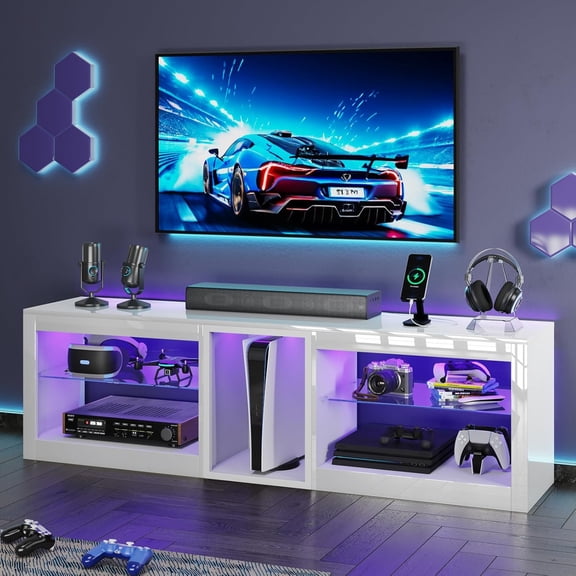 EROMMY 63 inch High Gloss LED TV Stands with Power Outlet for 70 inch TV, Gaming Entertainment Center for PS5, TV Consoles with Adjustable Glass Shelves for Living Room, Bedroom, White