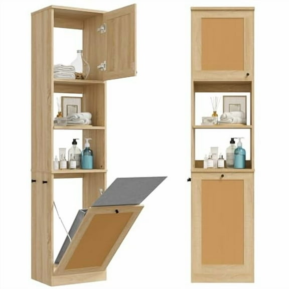EROMMY 68" Tall Bathroom Storage Cabinet, Narrow Linen Tower with Adjustable Shelf & Tilt-Out Laundry Bag, Freestanding Rattan Slim Cabinet for Bathroom