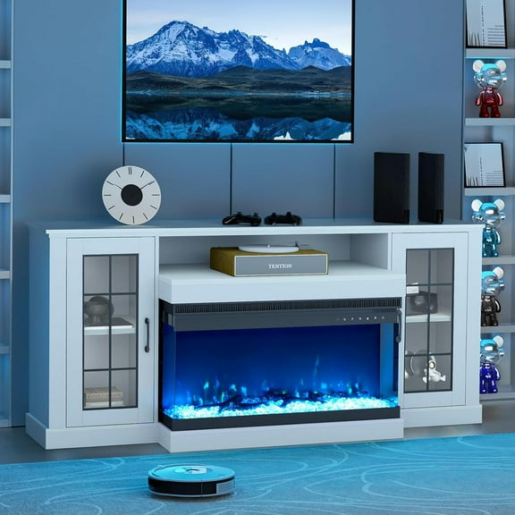 EROMMY 70" 3 Sided Glass Fireplace TV Stand, Modern Media Console with Storage Side Cabinet, Electric Fireplace TV Stand, Fits TVs up to 80", White