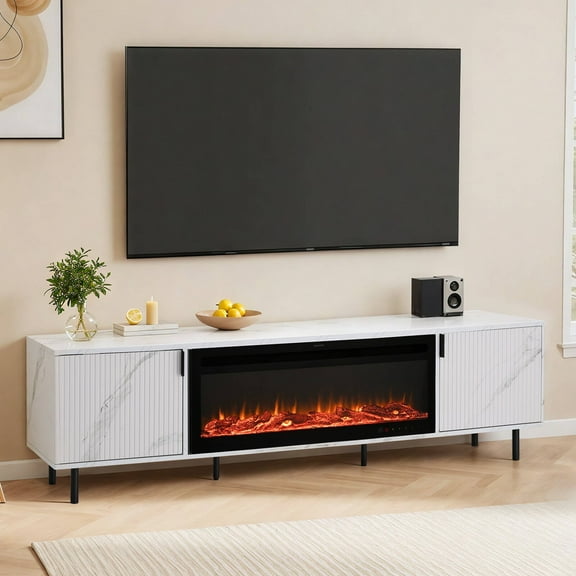 EROMMY 70" Fluted Fireplace TV Stand, Modern Entertainment Center with 36" Electric Fireplace, Media Console with Marble Veneer Top for TVs Up to 80", Metal-Legged Console for Living Room, White