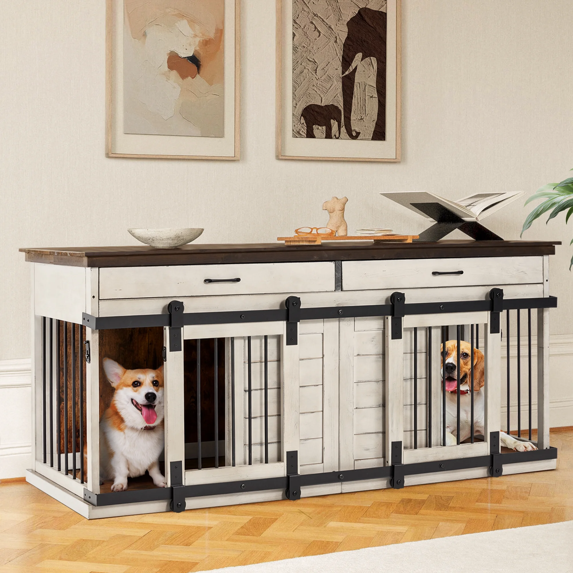 Large White Wood Dog Crate Table with Drawers