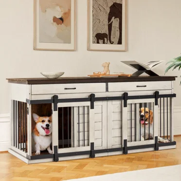EROMMY 72" Dog Crates for Large Dogs, Wood Dog Crate Furniture Indoor with Divider and 2 Drawers, Dog Crate End Table, White