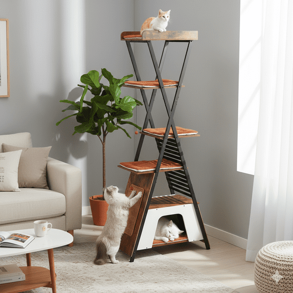 EROMMY 72" Modern Cat Tree, Wooden Cat Tower with Sisal Scratching Board, Multi-Level Condo, Cozy Caves, Extra Large Perch, Removable Washable Pads