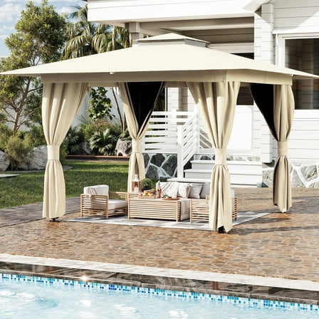 Erommy 8 ' x 8 ' Outdoor Gazebo,Double Roof Canopy Gazebo with Mosquito Nettings and Privacy Curtains for Deck,Kahaki